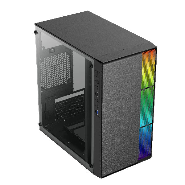 Gabinete Acteck Mini Torre Fusion II GI440 Max MB M-ATX Fuente ATX Plus 500w Panel Izq Acrilico Frente Solido RGB Vertical 1xUSB 3.0 Advanced Series Negro