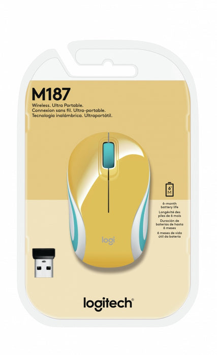 Mouse Óptico Logitech M187 Mini Inalámbrico 1000 DPI, Amarillo - 910-005365
