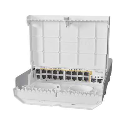 CRS318-16P-2S+OUT, netPower 16P, Switch Exteriores, 16 GEth PoE 802.3af/at, 2 SFP+ 10G, RouterOS/SwitchOS