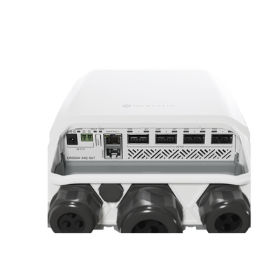 CRS504-4XQ-OUT, Switch exteriores CPU 650MHz, 128MB RAM, 1 Eth 10/100, 4 QSFP28 100G, CD jack y 802.3bt PoE-in, RouterOS