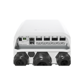 CRS504-4XQ-OUT, Switch exteriores CPU 650MHz, 128MB RAM, 1 Eth 10/100, 4 QSFP28 100G, CD jack y 802.3bt PoE-in, RouterOS
