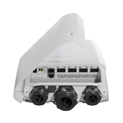 CRS504-4XQ-OUT, Switch exteriores CPU 650MHz, 128MB RAM, 1 Eth 10/100, 4 QSFP28 100G, CD jack y 802.3bt PoE-in, RouterOS