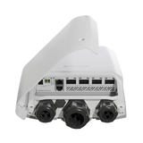 CRS504-4XQ-OUT, Switch exteriores CPU 650MHz, 128MB RAM, 1 Eth 10/100, 4 QSFP28 100G, CD jack y 802.3bt PoE-in, RouterOS