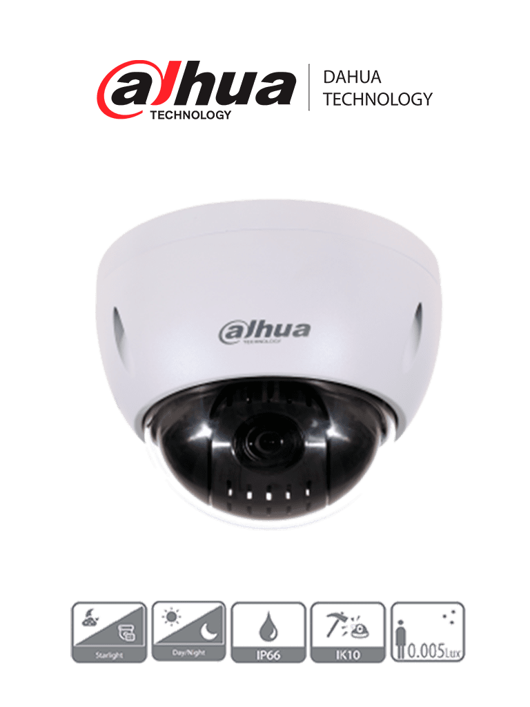 Cámara PTZ Dahua 2MP/1080p/15x Zoom/ Montaje en Techo/ WDR 120dB/ Starlight/ IK10/IP66