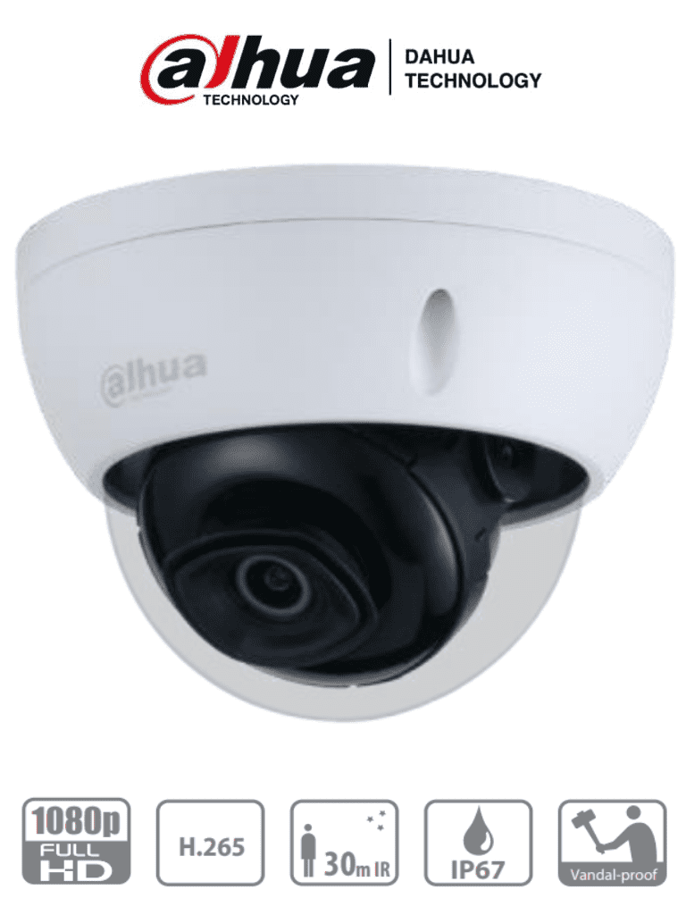 DAHUA Cámara IP Domo Antivandalica 2MP, Lente 2.8mm, IR 30m, IP67, PoE