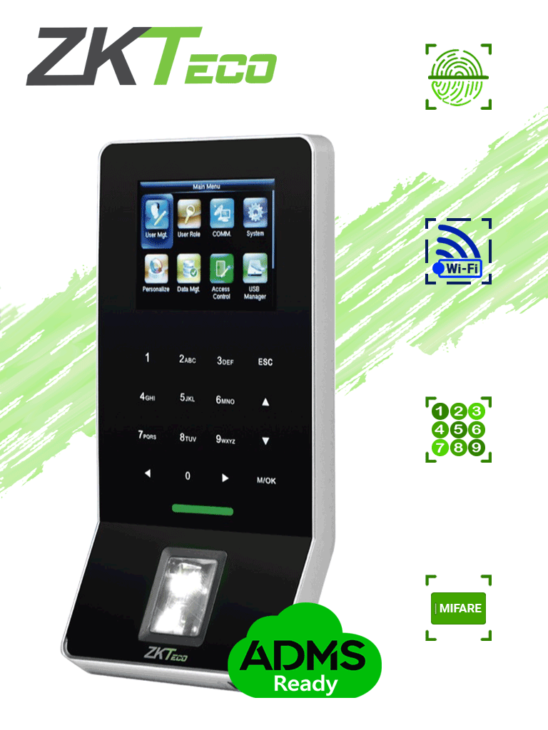 Control de Acceso ZKTECO F22Mifare / 3000 Huellas / 5000 Tarjetas Mifare / Teclado Táctil / TCPIP / WiFi / ADMS Gratis