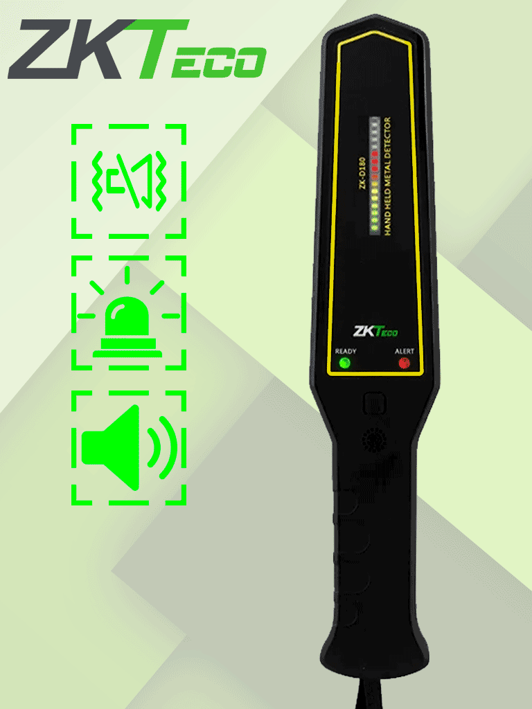 Detector de metales portátil ZKTECO D180 con alta sensibilidad, indicador visual, alarmas y batería recargable 9VDC, hasta 40 horas de uso.