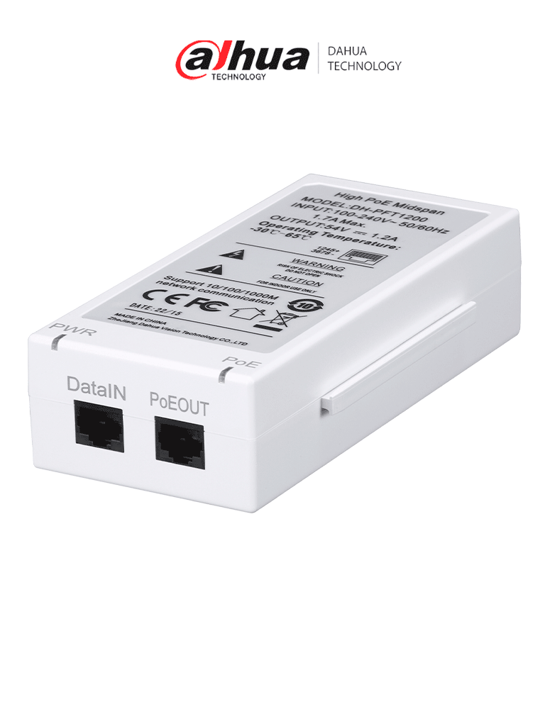 Inyector Dahua PFT1200 Hi-PoE Gigabit 60 Watts para PTZ con LED de Status, Soporta PoE y Hi-PoE, Pared
