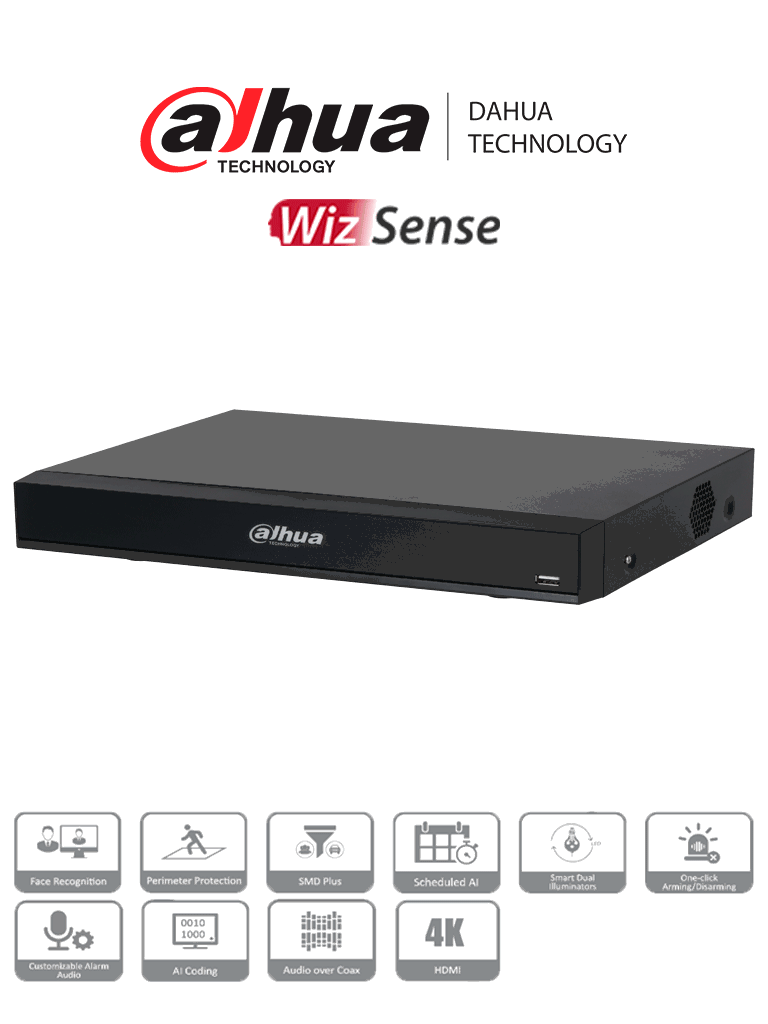 DVR Dahua XVR7108HE-4K-i3, 8 Canales 4K, IA H.265, 2 Canales Facial, 8 E/S Alarma, 1 HDD 10TB, 4 Audio, ProHDCVI