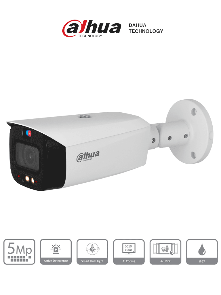 Cámara IP bullet DAHUA DH-IPC-HFW3549T1-ZAS-PV, 5 MP, Lente varifocal, TIOC 2.01, IR 50 m, SMD 4.0, Luz cálida 40 m, PoE, IP67