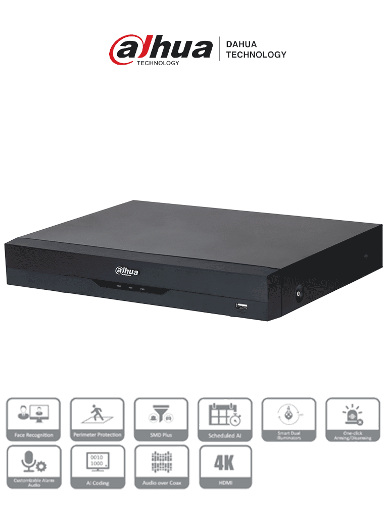 Dahua XVR5116HE-4KL-I3 DVR 16 Canales 4K con IA WizSense H.265, Reconocimiento Facial, SMD, Protección Perimetral, 16 E/S Alarma, 1 Puerto SATA