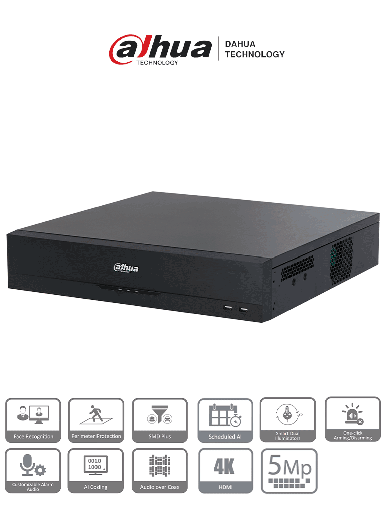 DVR Dahua DH-XVR5832S-I3, 32 Canales de 5MP y 1080p, WizSense, H.265, Reconocimiento Facial, 32 Canales IP, SMD Plus, Protección Perimetral