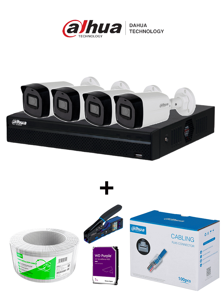 NVR Hikvision 4 Canales NVR1104HS-P S3 con 4 Cámaras IPC-B1E20, Bobina 100m, 100 Plugs, RJ45, Disco Duro 1TB