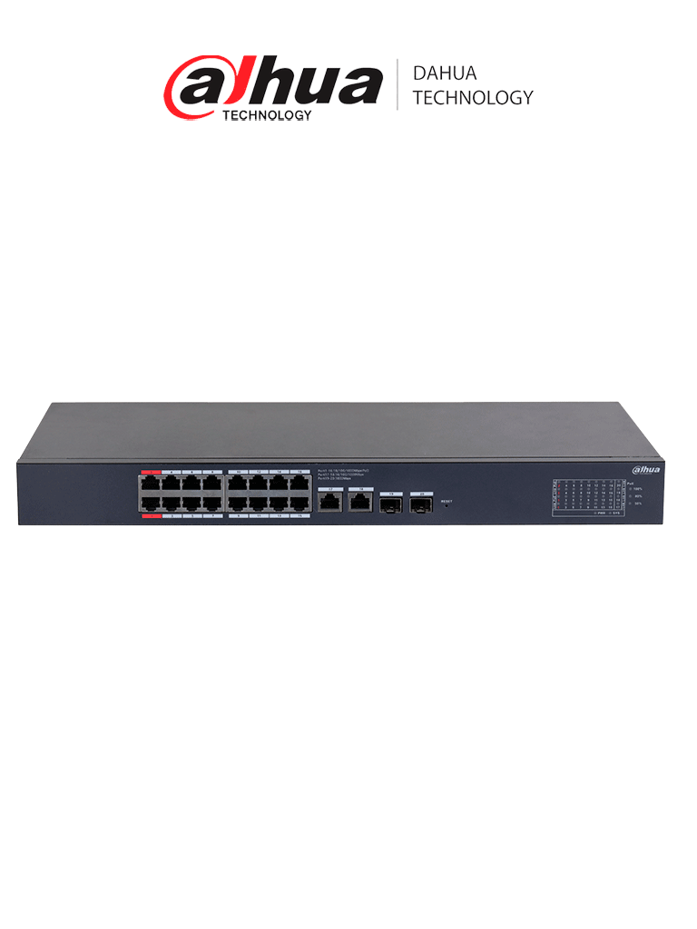 Switch PoE Dahua 16 Puertos Gigabit, 190W Total, 2 SFP, 40Gbps, PoE Watchdog
