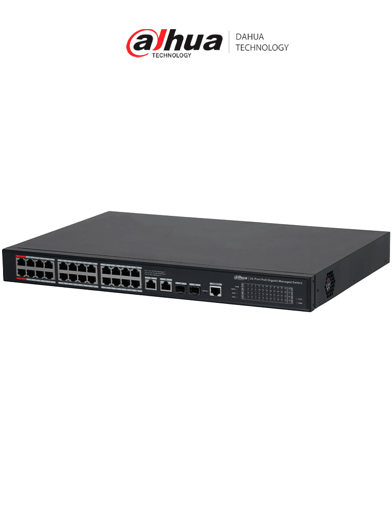 Switch PoE Gigabit Administrable Dahua DH-S4228-24GT-240 con 24 puertos PoE y transmisión de hasta 250 m, Capa 2