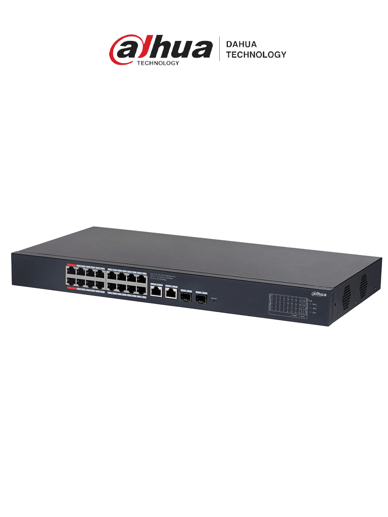 DAHUA  DH-CS4220-16GT-135 Switch Poe de 16 Puertos Gigabit/ Poe Inteligente/ Puerto Rojo de 90W/ 135 Watts Totales/ 2 Puertos SFP/Poe Watchdog/ Switching 40 Gbps/ Protección de Descargas/ Plataforma DoLynk Care #MCI1Q125