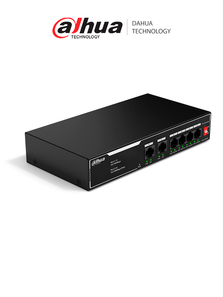 Switch PoE DAHUA DH-SF1006LP 6 Puertos FE/ 4 Puertos PoE 10/100/ 36W/ 2 Uplink RJ45/ PoE Watchdog/ Soporta 250mts CAT 6/ Protección Descargas