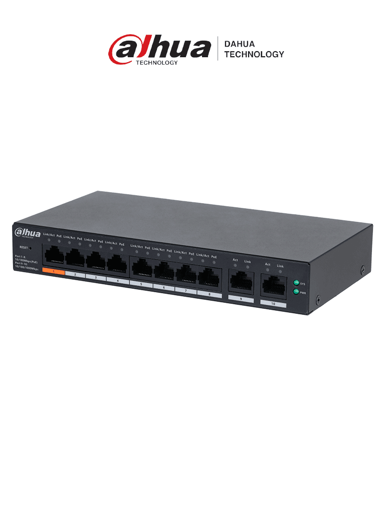 Switch PoE Dahua DH-CS4010-8ET-60: 8 Puertos, 60W, 2 Uplink, 4.8Gbps, Protección Descargas