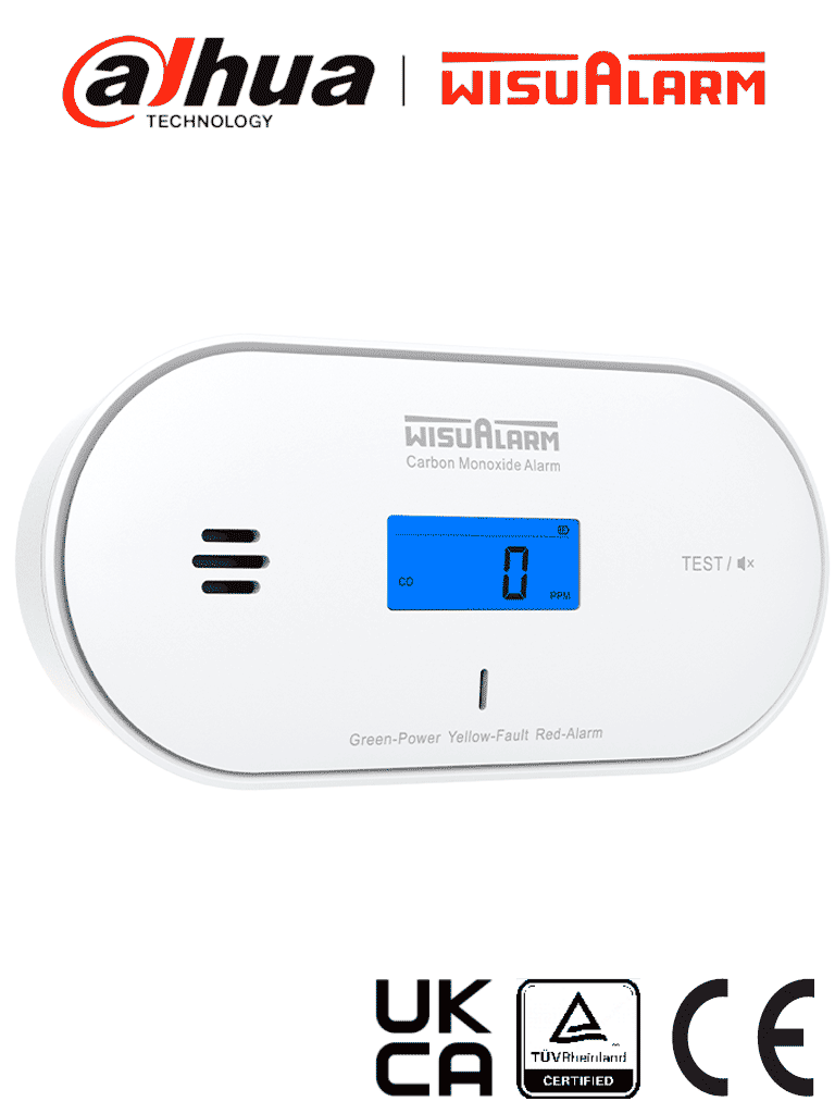 Detector de monóxido de carbono DAHUA WISUALARM DHI-HY-GC30A, Temperatura y Humedad, Batería 10 años, Alarma 85 dB