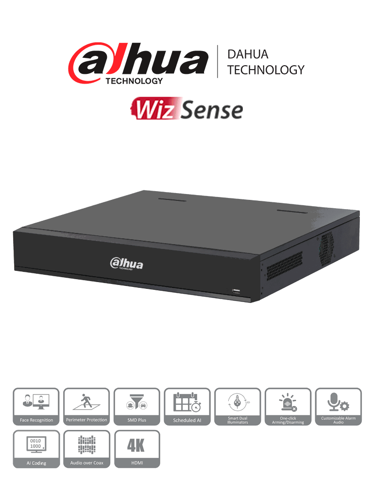 Dahua XVR7416L-4K-I3: DVR 16 Canales 4K WizSense H.265 IA, 4 Bahías, 16 Canales IP, 6 Canales Reconocimiento Facial SMD, Codificación IA IoT