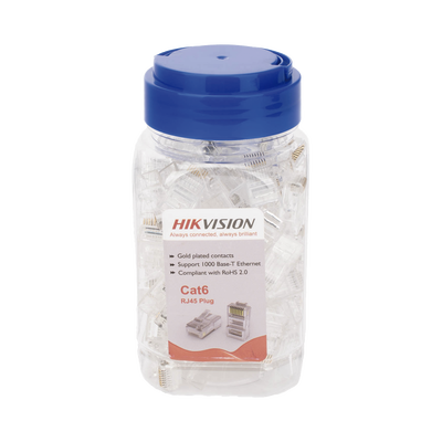 BOTE PLUGS HIKVISION CON 100 PIEZAS MODULAR RJ45 / CAT 6 / CHAPADO EN ORO A 30 MICRAS / SIN BLINDAJE / FACIL INSTALACIÓN / USO INTERIOR / SOPORTA NORMA TIA-568B / CUMPLE CON ROHS 2.0