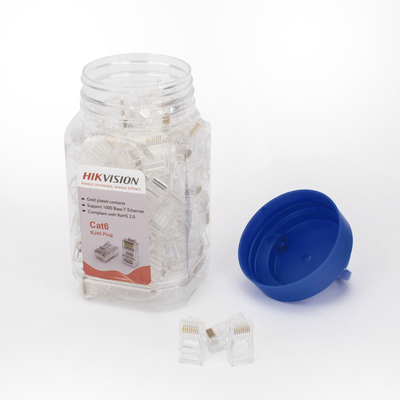 BOTE PLUGS HIKVISION CON 100 PIEZAS MODULAR RJ45 / CAT 6 / CHAPADO EN ORO A 30 MICRAS / SIN BLINDAJE / FACIL INSTALACIÓN / USO INTERIOR / SOPORTA NORMA TIA-568B / CUMPLE CON ROHS 2.0