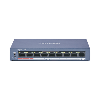 DS-3E0109P-E/M(B) - Switch PoE+ / No Administrable / 8 Puertos 10/100 Mbps PoE+ / 1 Puerto 100 Mbps Uplink / PoE hasta 250 metros / 60 W