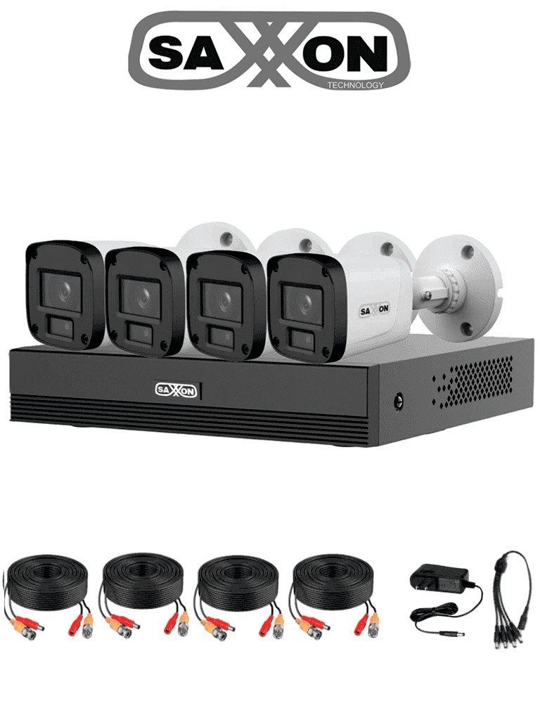 SAXXON Kit de 4 Canales HDCVI SUA-KIT/XVR1E04-I, 1MP 720P, Lente 2.8mm, Detección de Movimiento