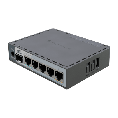 E60iUGS, hEX S, Ruteador Dual Core 950MHz, 512MB RAM, 2.5G SFP, 5xGEth, USB, RouterOS v7 L4, gabinete plástico