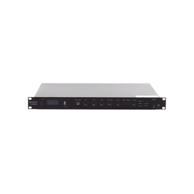 Amplificador de Audio | 1 canal | 350 W | Sistema 100V y Baja Impedancia | 4 Entradas de Micrófono Balanceadas | Bluetooth | USB | SD | FM | Montaje en Rack