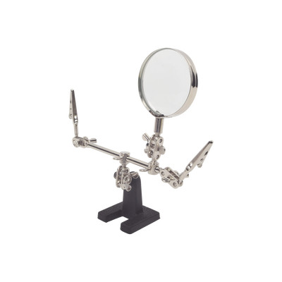 Soporte con lupa y dos brazos con clip. Ideal para trabajos de soldadura.