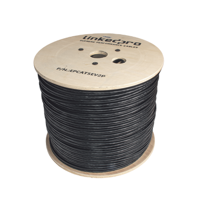 Bobina de Cable Siamés Cat5e CCA + 2 Cables Gruesos (16 AWG) para Alimentar Cámaras Más Lejos / 305 Metros (1000 Pies) / Instalación en Exterior / Uso Industrial para Climas Extremos