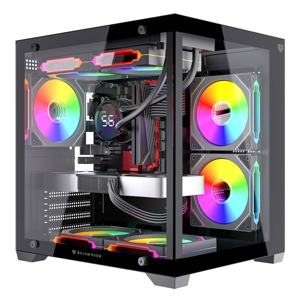 BR-943857 - Gabinete Balam Rush Tank Glow Max 3900 Negro Gamer Compact Mini Torre M-ATX 3xVentiladores ARGB Cristal templado ATX