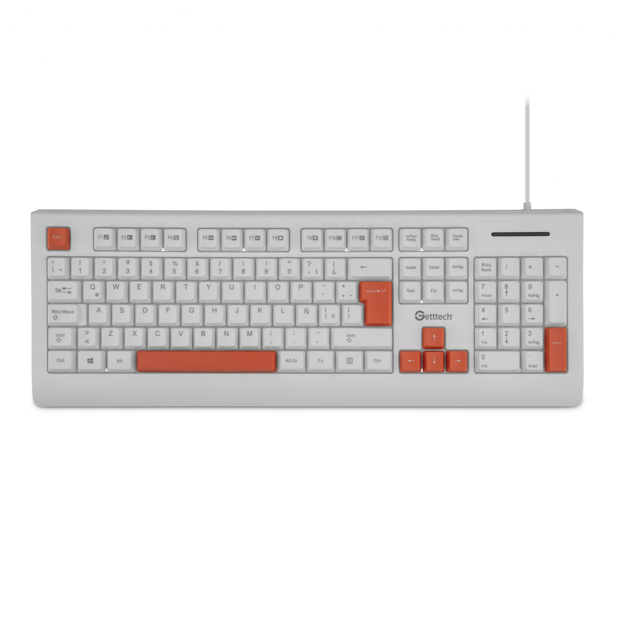 Teclado Getttech Slim Blanco Español USB con Reposamanos, 02 Teclas Multimedia, Cable 1.5m