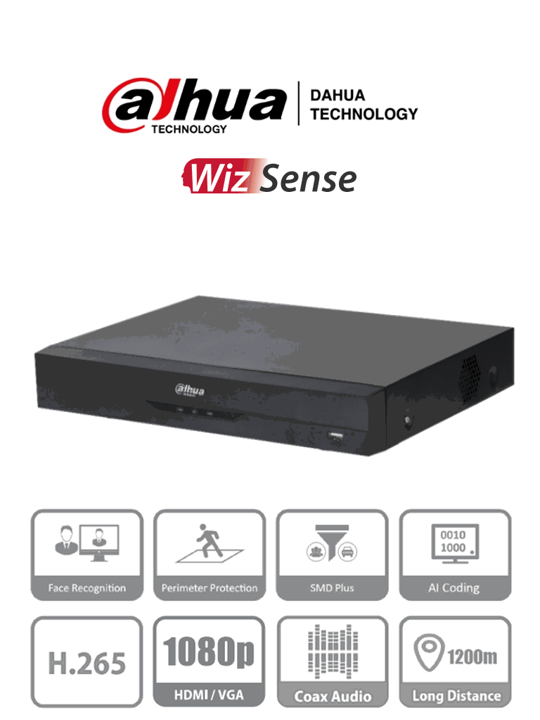 Dahua XVR5108HE-I2/I3 DVR 8 Canales 5MP Lite WizSense H.265 HDCVI/IP Reconocimiento Facial SMD 1 SATA 8 E/S Alarma 8 Audio IoT POS