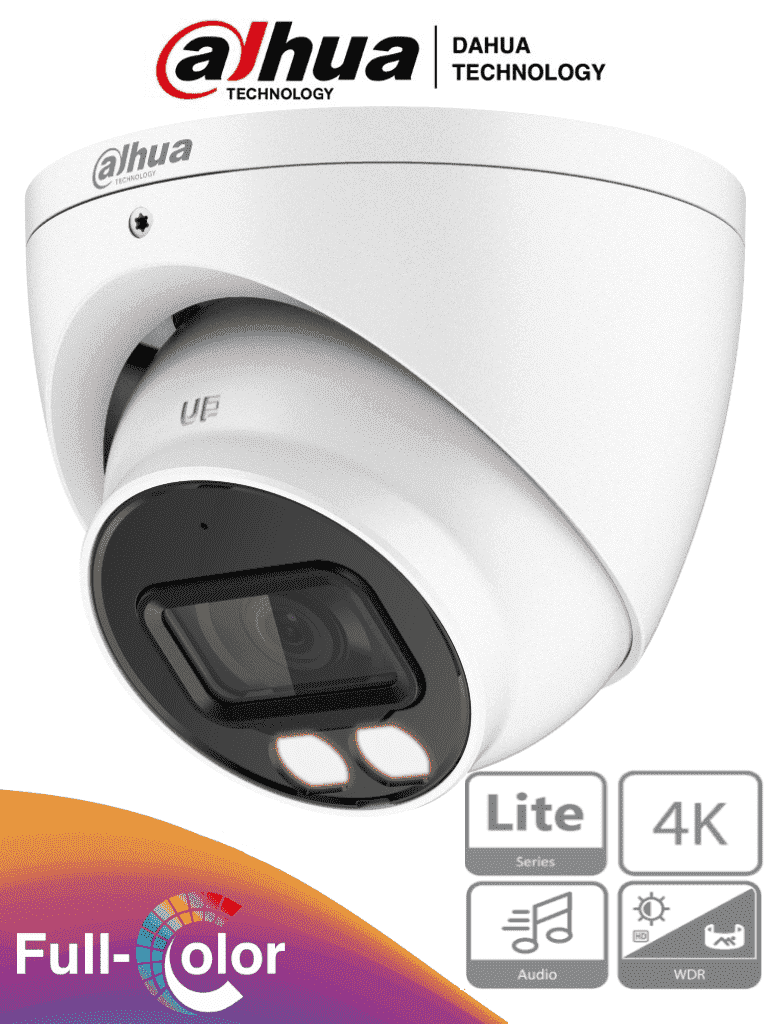 Cámara Domo Eyeball Dahua 4k Full Color/ 8MP/ Lente 2.8mm/ Micrófono/ 40m Iluminación/ Color 24/7/ Super Adapt/ WDR 120dB