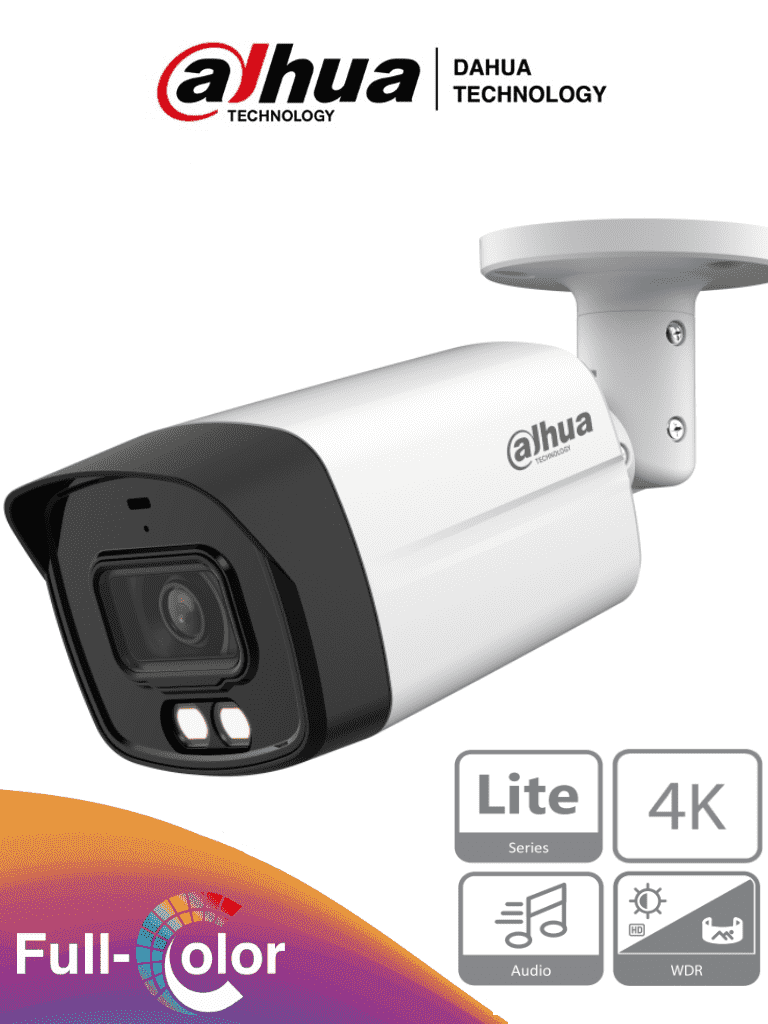 Cámara Bullet DAHUA HAC-HFW1809TLM-A-LED 4k Full Color/ 8MP/ Lente 2.8mm/ Micrófono Integrado/ 40m Iluminación/ WDR 120dB/ IP67/ CVI/CVBS/AHD/TVI