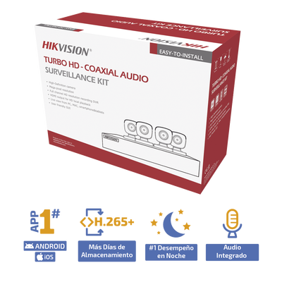 KIT HIKVISION TURBOHD (MICROFONO INTEGRADO)  5 MEGAPIXEL / DVR 4 CANALES / 4 CAMARAS BALA CON MICROFONO INTEGRADO (EXTERIOR 2.8 MM) / FUENTE DE PODER / ACCESORIOS DE INSTALACION