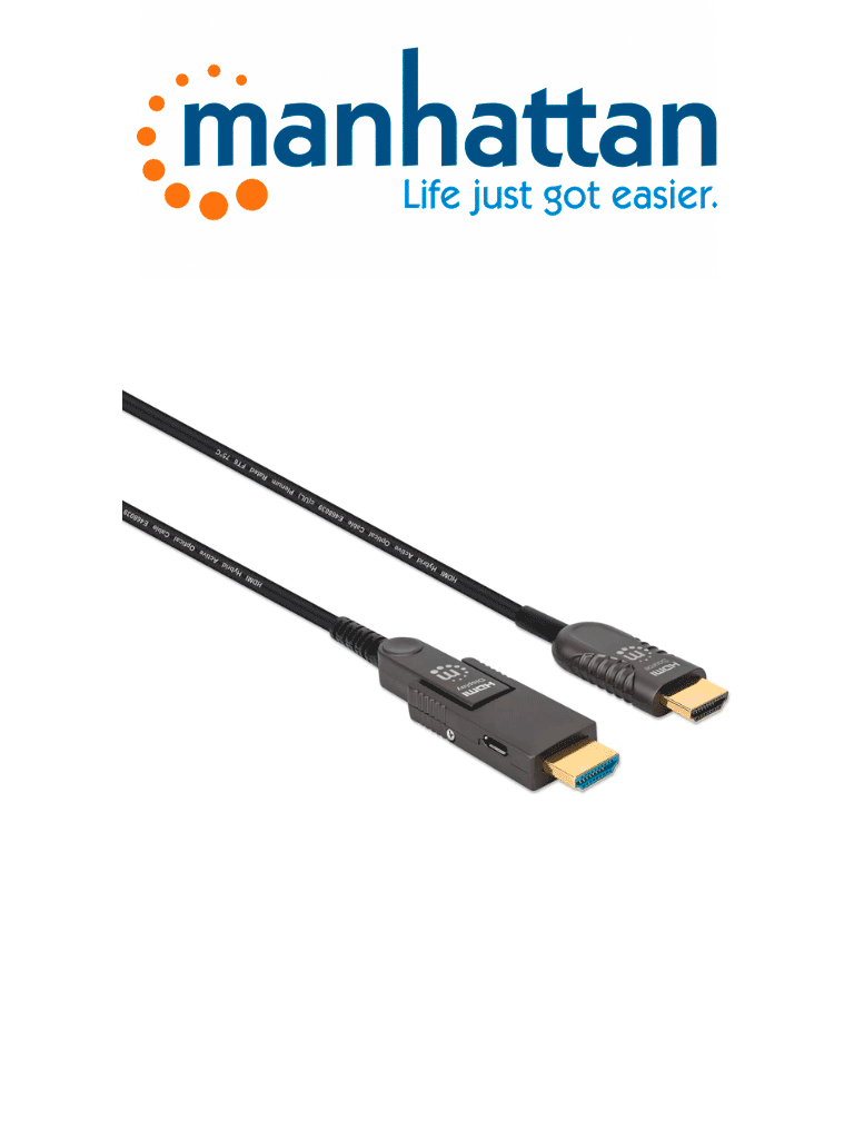 MANHATTAN 355193 - Cable Óptico Activo HDMI de Alta Velocidad / 4k@60Hz UHD, HDMI macho a Micro-HDMI macho (Tipo D) y HDMI macho (Tipo A) Desmontable, 30 m (100 pies), Certificado CMP/CPR, HEC, ARC, contactos bañados en oro, negro (Sobre Pedido) #MCI1Q125