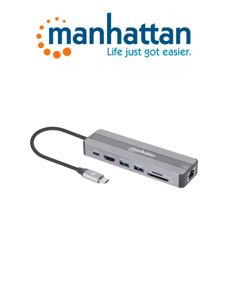 MANHATTAN 153928 - Estación Docking USB-C 7 en 1 / USB 3.2 Gen 1 Tipo-C Macho a HDMI (4K@30Hz), dos USB-A (5 Gbps), Gigabit RJ45 y USB-C PD (87 W) Hembra, Lector tarjetas SD/microSD, Aluminio, Plata/Negro / COMPATIBLE con MAC y PC