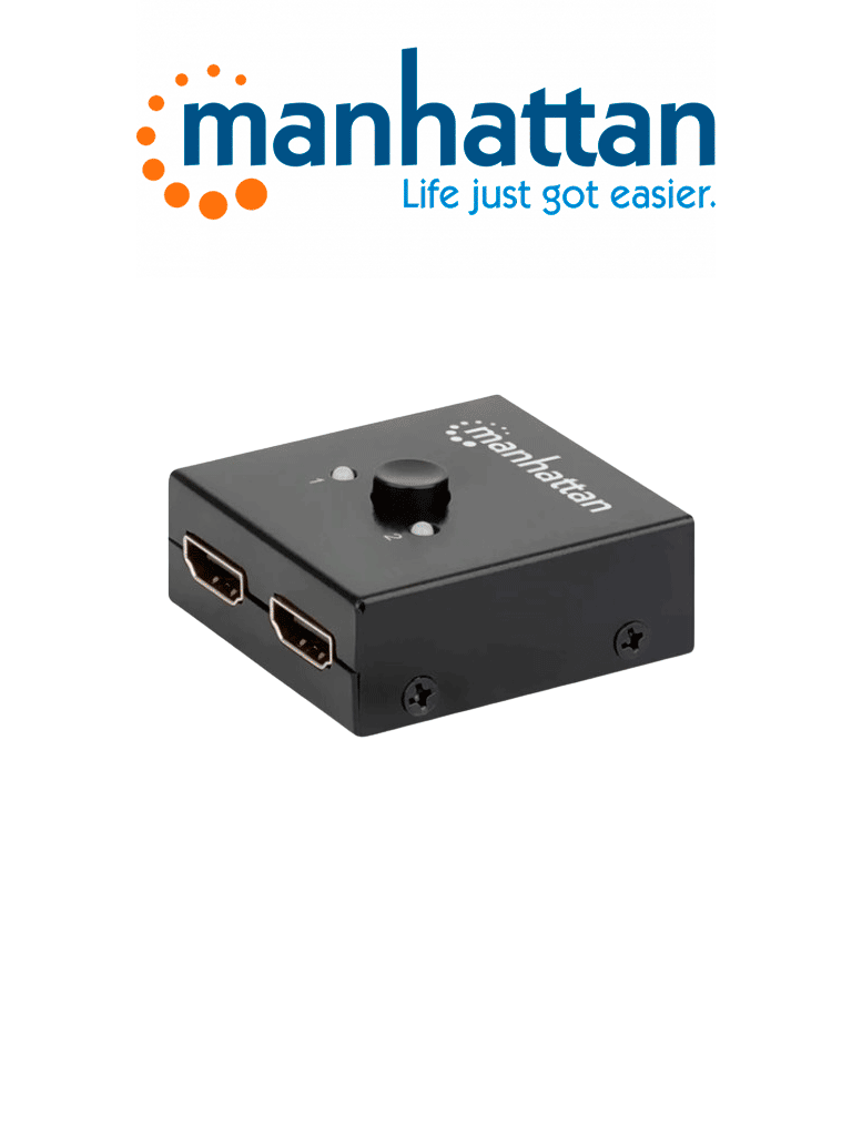 Switch bidireccional HDMI 4K de 2 puertos Manhattan 207850 / Color negro / Selección manual / Pasivo / Sin alimentación