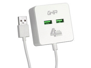 Concentrador Hub USB 2.0 Ghia de 4 Puertos Salidas - Blanco, 480Mbps, Compacto, Plug and Play.