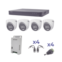 KIT COLORVU TURBOHD 1080p / DVR 4 Canales / 4 Cámaras eyeball (exterior) lente 2.8mm / Fuente de poder profesional / Transceptores de video y Accesori