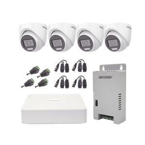 KIT TurboHD 1080p / DVR 4 Canales con audio por coaxitron / 4 Cámaras con Micrófono y  106° Visión/  luz blanca + IR visión nocturna  / Transceptores