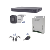 KIT TurboHD 1080p / DVR 8 Canales / 8 Cámaras Bala (exterior 2.8 mm) / Transceptores / Conectores / Fuente de Poder Profesional hasta 15 Vcc para Larg
