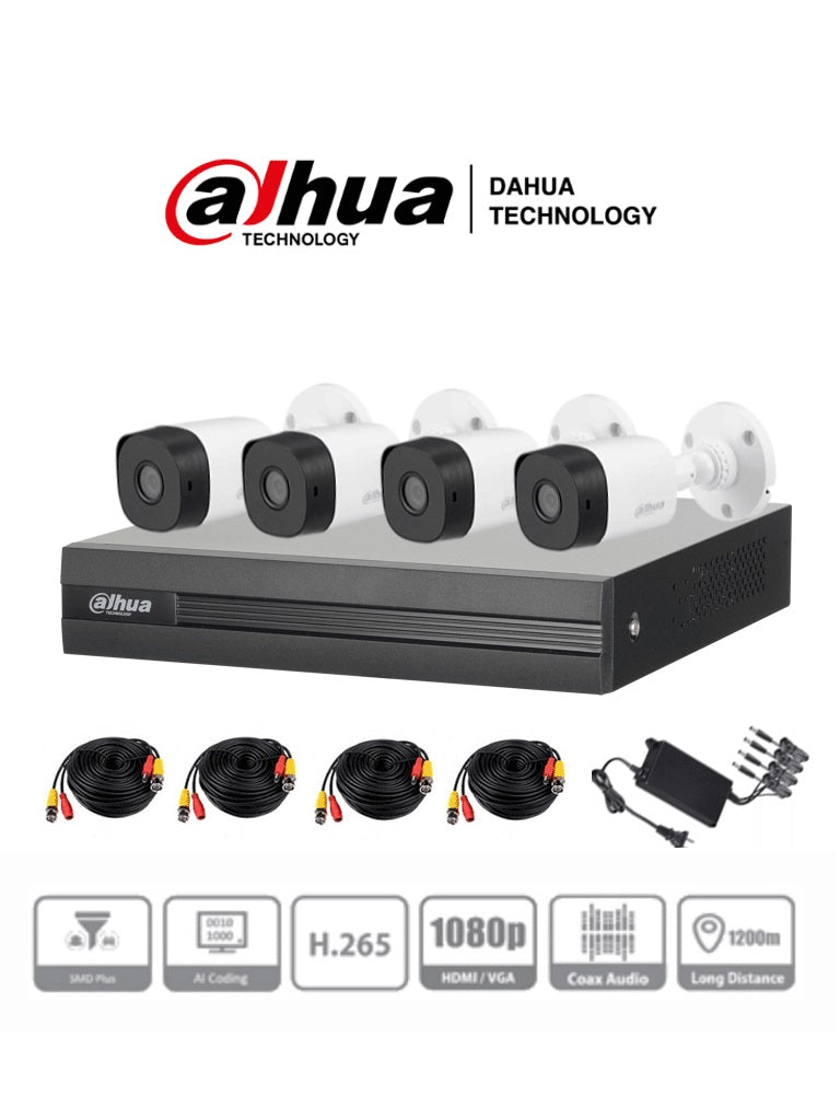 Kit de Videovigilancia Dahua Technology DH-Kit-XVR1B04-I con 4 cámaras B1A21N-0360B, 1TB de almacenamiento