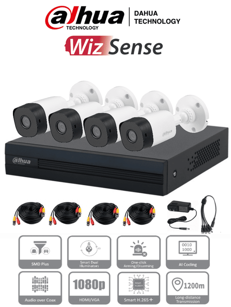 Kit Dahua Kitxvr1B04-I+4B1A21 4 Canales De 2 Megapixeles, Dvr Cooper-I Wizsense, Con Ia, H.265+/4 Camaras B1A21 1080P, 4 Canales +1 Ip O Hasta 5 Canales Ip, 4 Canales Smd Plus, Busqueda De Humanos Y Vehiculos, Accesorios Incluidos FullOffice.com 