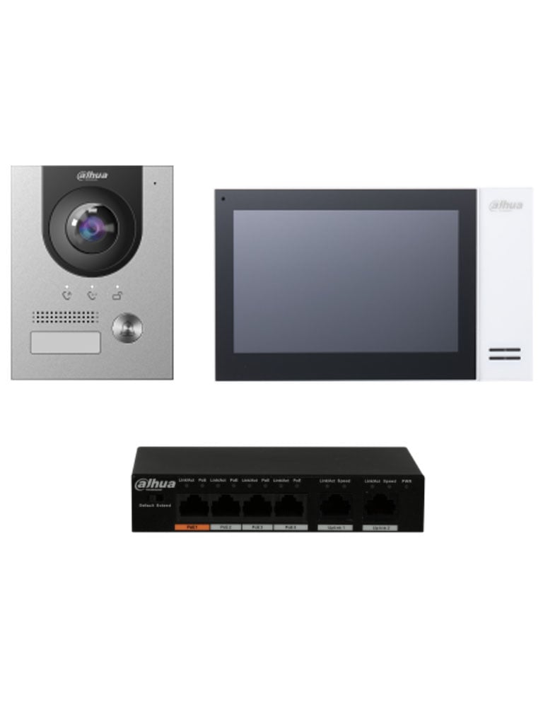 Kit de Videoportero IP Dahua KTP01(S) con Monitor 7" Touch, Cámara 2MP Antivandalico, Ranura SD 4GB, POE, IP65, Soporte 8 Sensores Alarma