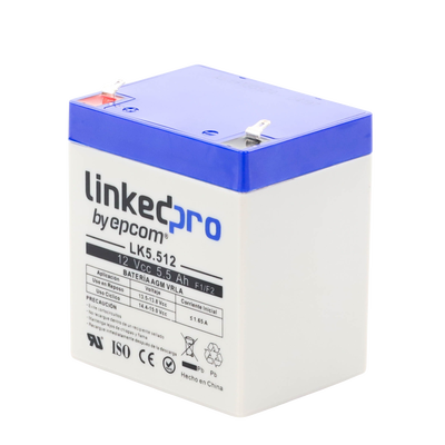 Bateria Epcom LK5.512 12 Vcc 5.5 Ah UL tecnologia AGM-VRLA uso en equipo electronico alarmas de intrusion incendio control de acceso video vigilancia terminales F1 incluye adaptador para terminal F2