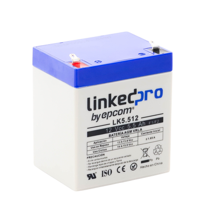 Bateria Epcom LK5.512 12 Vcc 5.5 Ah UL tecnologia AGM-VRLA uso en equipo electronico alarmas de intrusion incendio control de acceso video vigilancia terminales F1 incluye adaptador para terminal F2